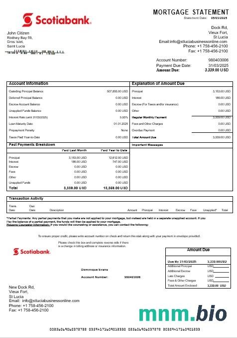 Saint Lucia Scotiabank wyciąg z kredytu hipotecznego w formatach Word i PDF